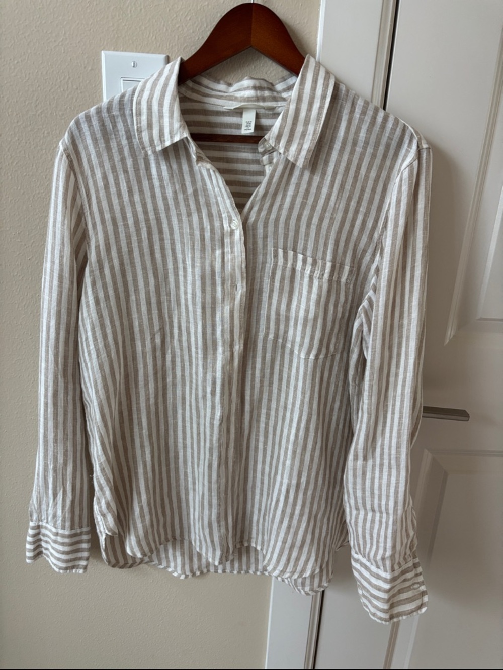 H&M Beige and White Striped Button-Down Shirt